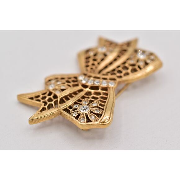 1928 Vintage Floral Bow Pin Brooch Rhinestone Crystal Antiqued Gold 1980s BinBP - Picture 7 of 12